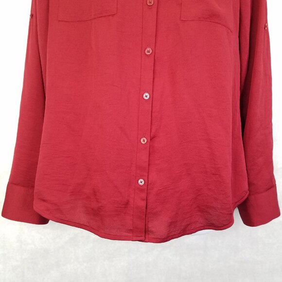 Express Portofino Button Up Camp Shirt Women's M Sleeve Slim Fit Red Pockets - Picture 5 of 12